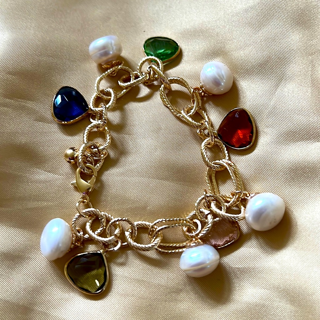 Authentic Pearl With Semi Precious Stone Gold Tone Bracelet